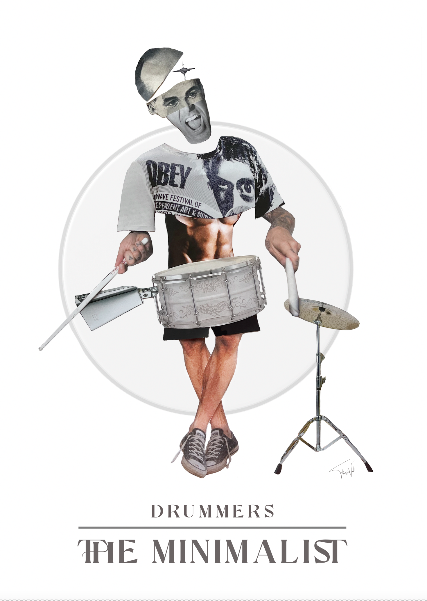 Hand cut collage on paper of a drummer personality, made by Françoise Vaal