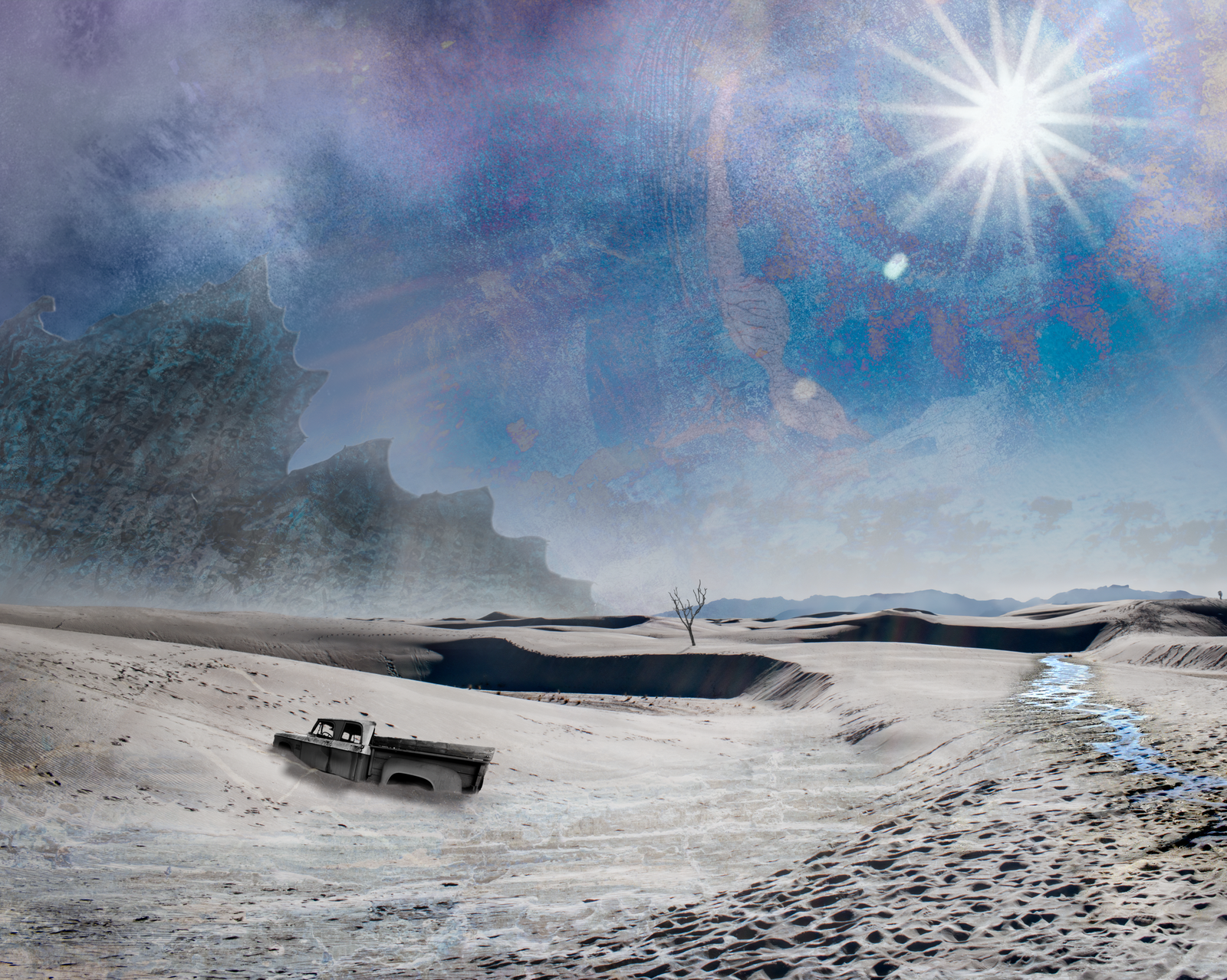 Digital mixed media collage art of a rugged desert landscape made by Françoise Vaal