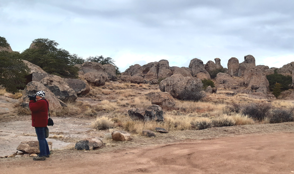 Françoise hiking in the rugged landscape of the City of Rocks state park in New Mexico.