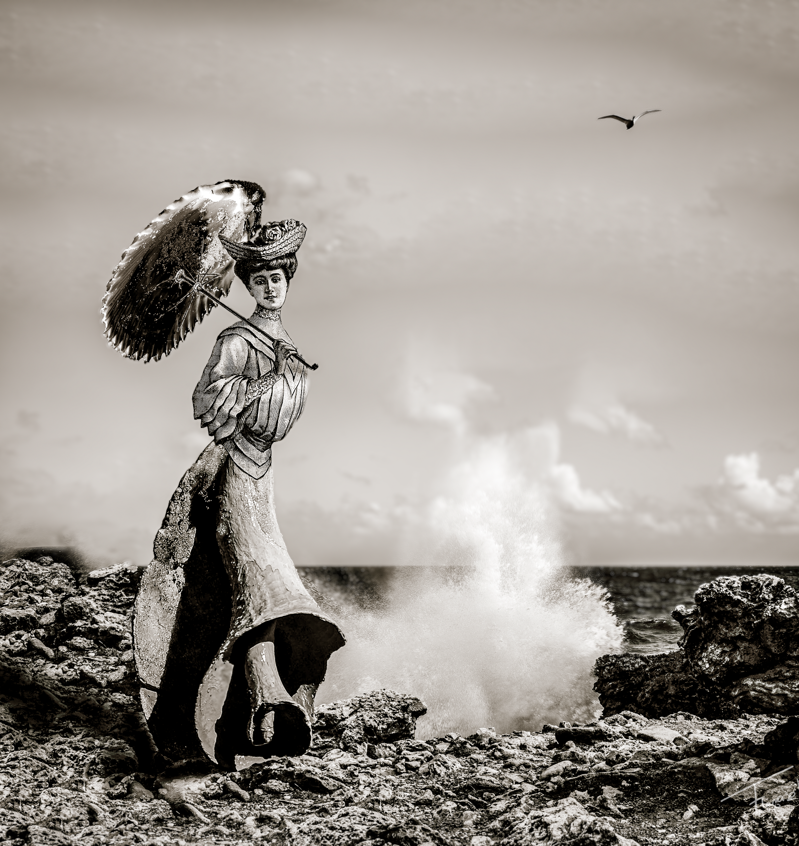 The harder the shell, a mixed media digital collage of a vintage woman at the beach, made by Françoise Vaal