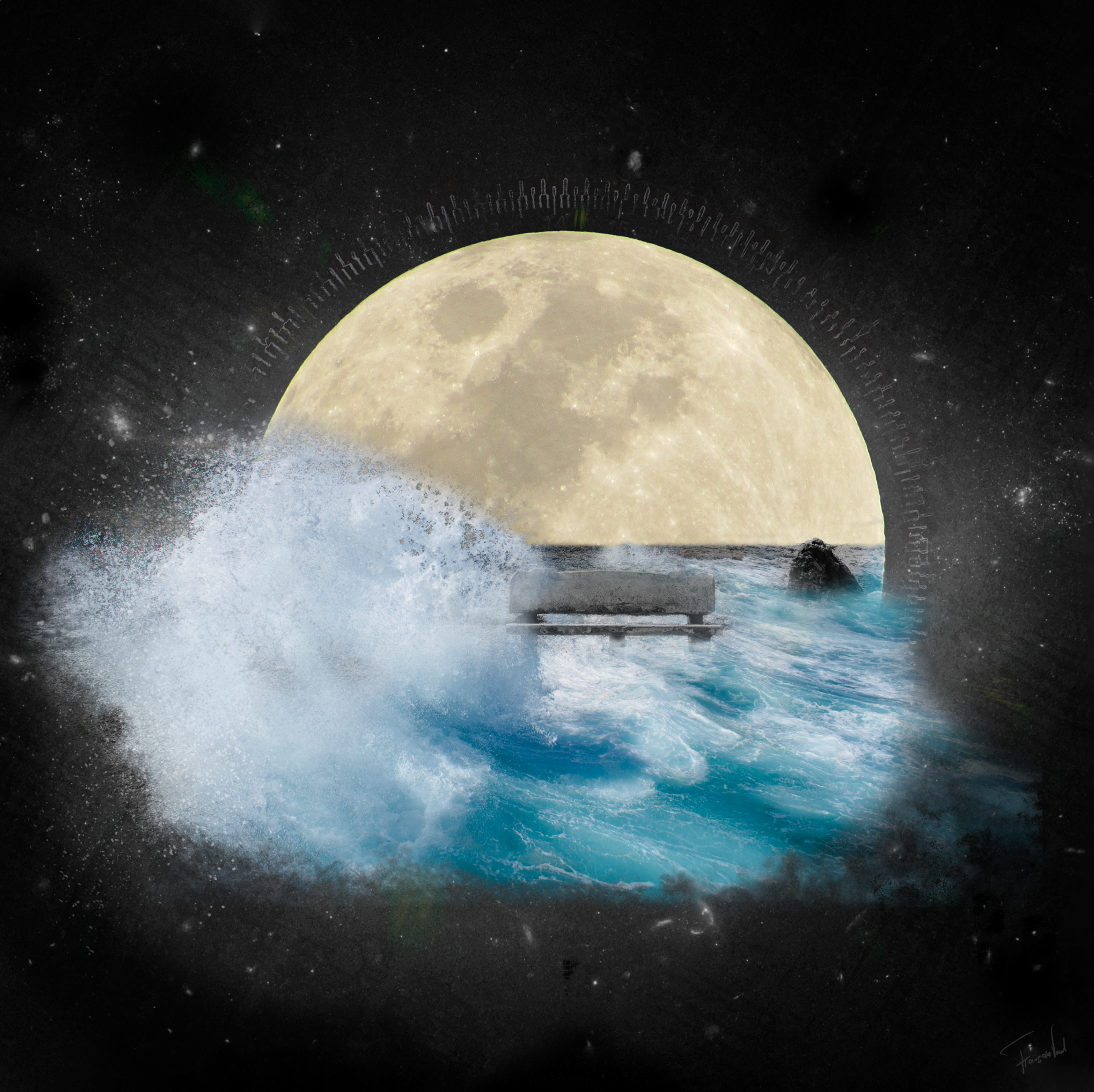 Welcome to the moon, a digital collage of a big wave on the moon, made by Françoise Vaal