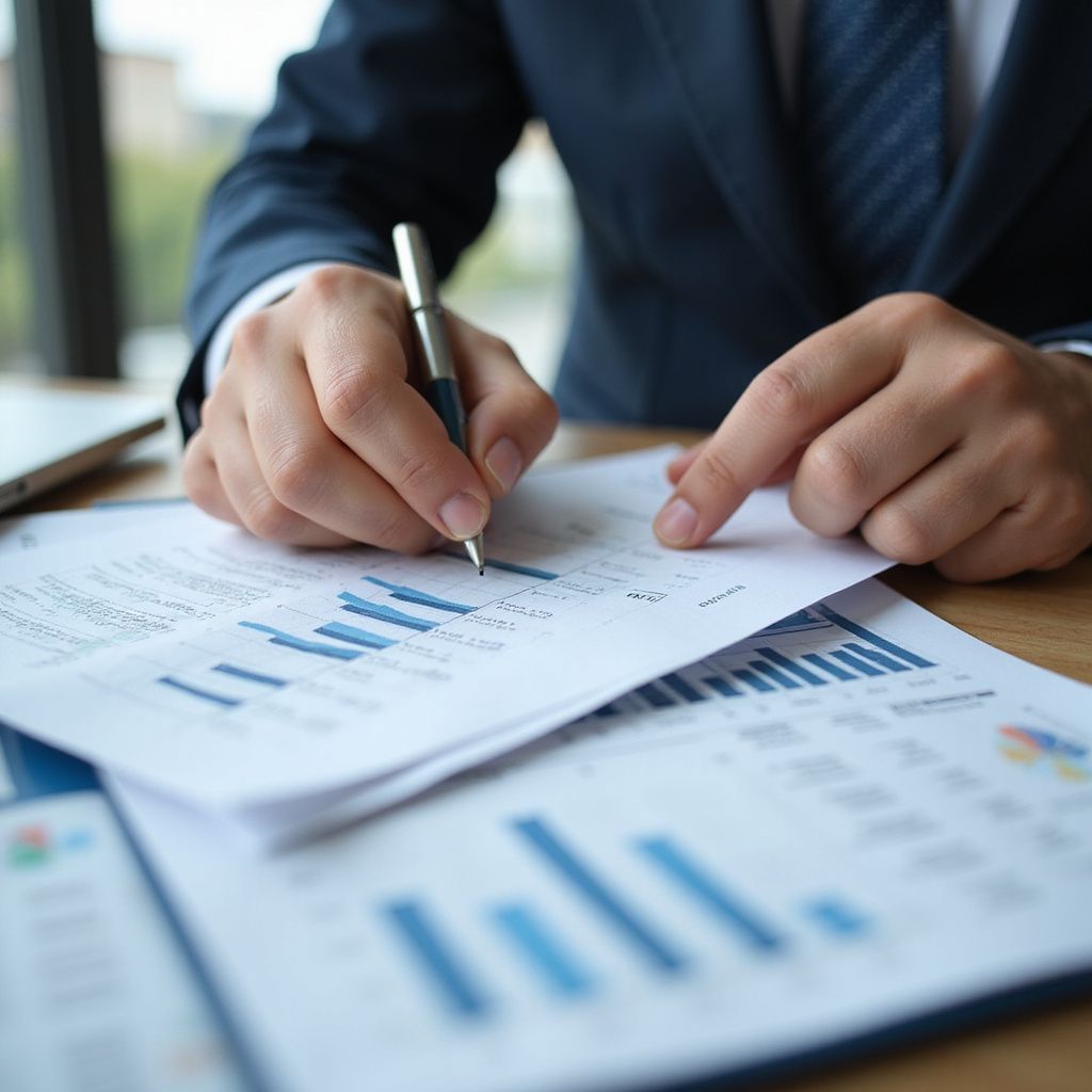 A person in a suit reviews financial charts and bar graphs on paper while holding a pen at a wooden desk.