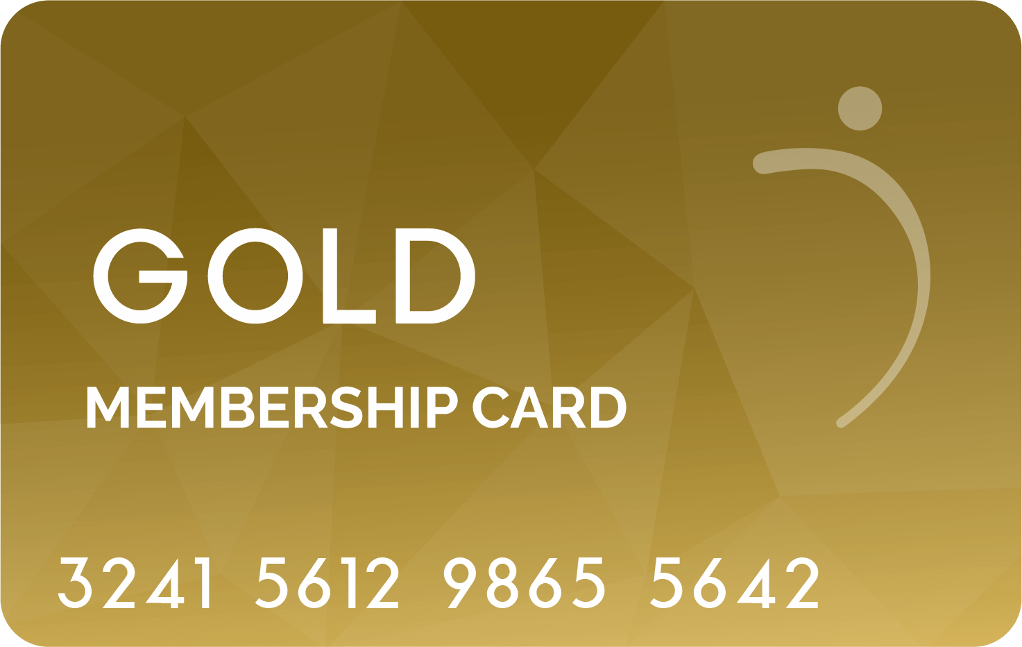 Tarjeta de membresía Gold con texto blanco y número de tarjeta sobre fondo geométrico dorado.