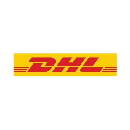 Logotipo de DHL en rojo sobre un fondo rectangular amarillo.