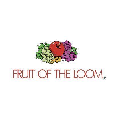Logotipo de Fruit of the Loom con frutas coloridas y texto rojo sobre un fondo blanco.