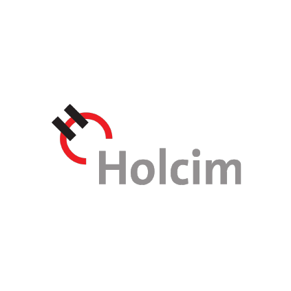 Logotipo de Holcim con texto gris y una marca circular roja con detalles en negro.
