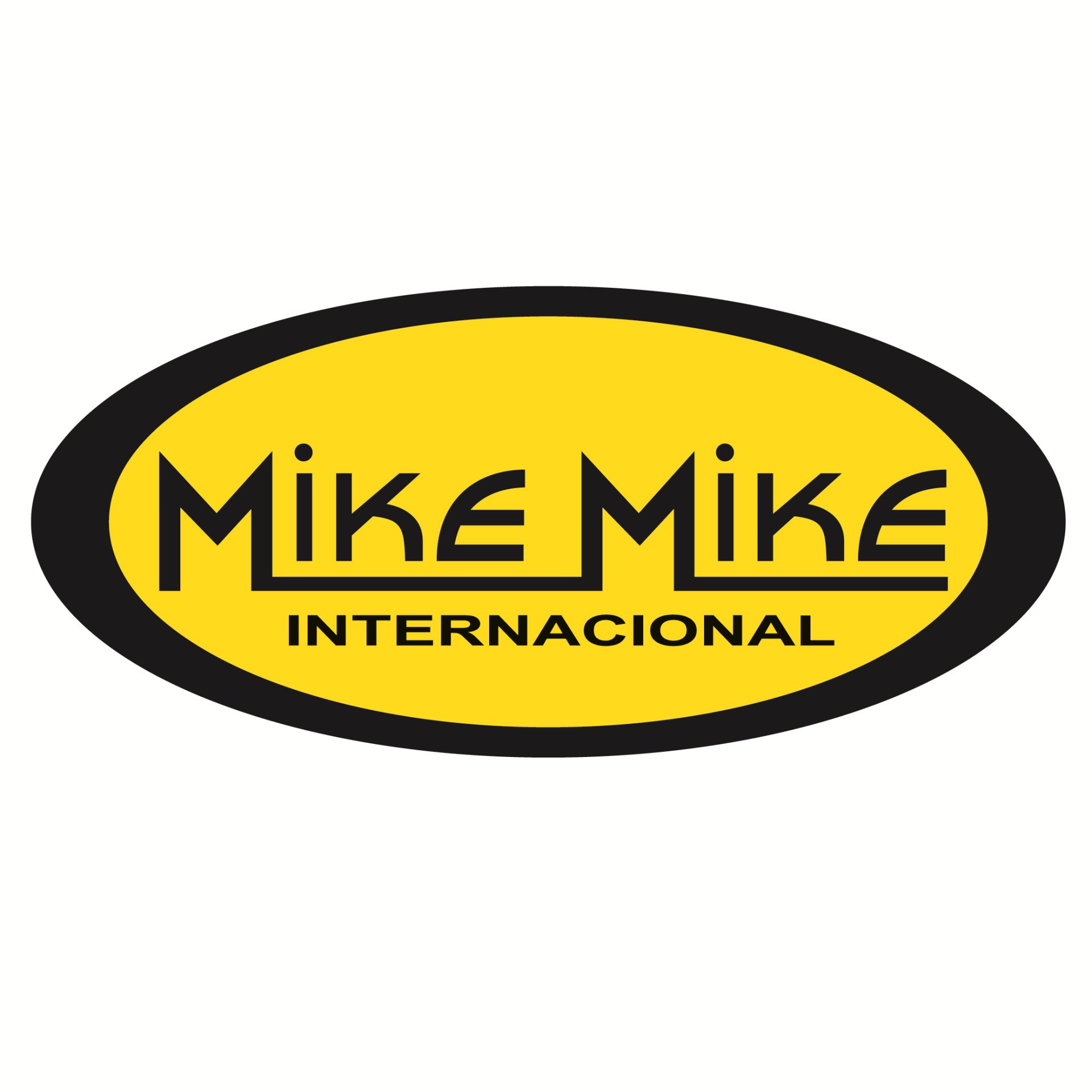 Logotipo amarillo y negro de MIKE MIKE INTERNACIONAL en un óvalo