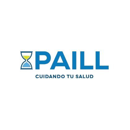 Logotipo de PAILL en azul con un icono de reloj de arena y el eslogan “Cuidando tu salud” debajo.