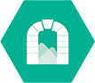 Icono hexagonal de color verde azulado con un arco y una puerta de piedra blanca.