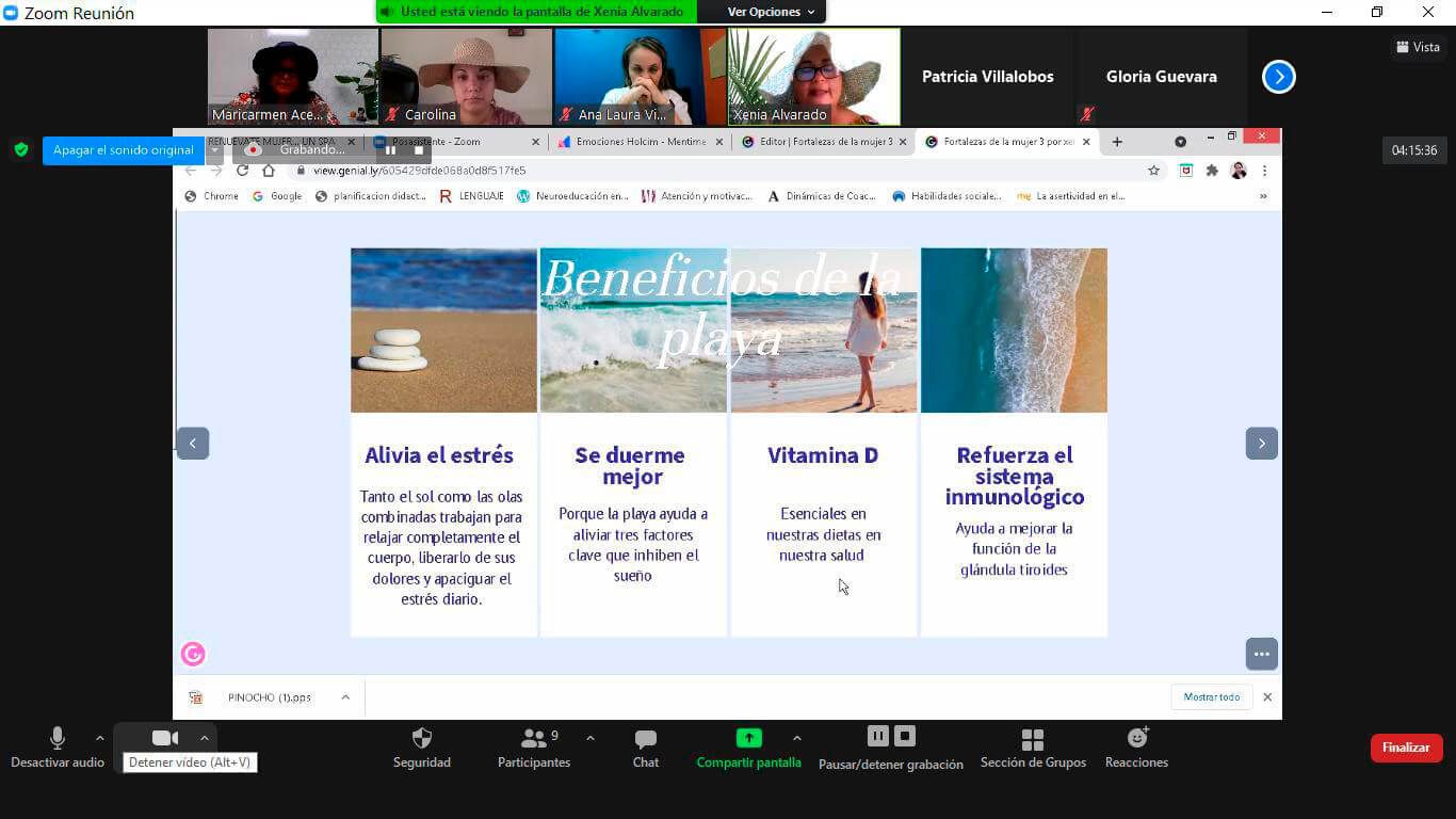 Compartir pantalla de Zoom mostrando un sitio web con tarjetas de cuatro columnas bajo un banner azul con un paisaje desértico.