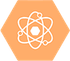 Logotipo científico de hexágono naranja con forma de átomo blanco