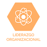 Logotipo hexagonal naranja con icono de átomo blanco sobre el texto “LIDERAZGO ORGANIZACIONAL”