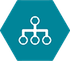 Icono de hexágono turquesa con diagrama de flujo/árbol blanco