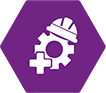 Equipo de ingeniero blanco con cruz y casco sobre un fondo hexagonal morado
