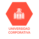 Logotipo hexagonal rojo con icono de edificio blanco y el texto “Universidad Corporativa”