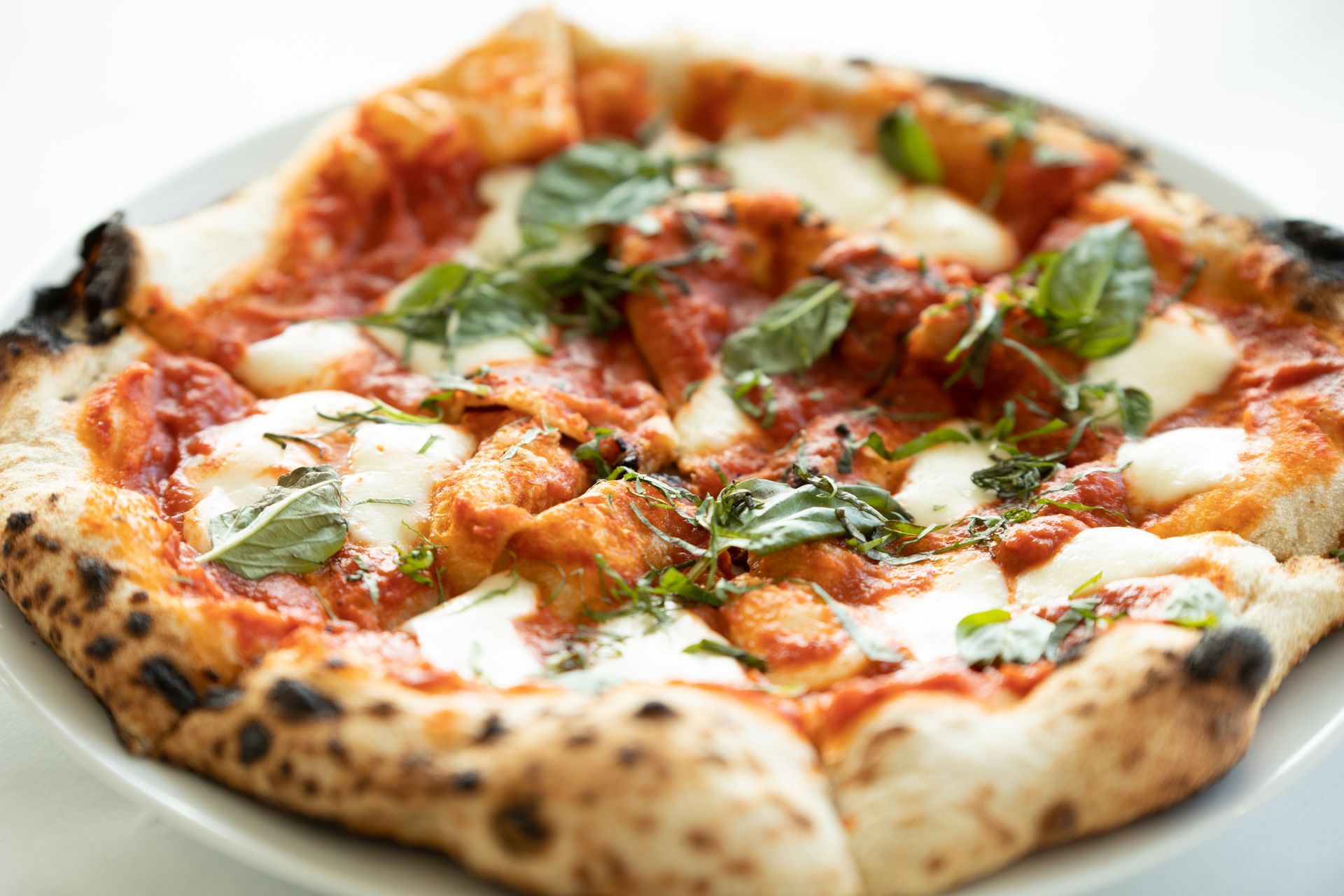 Pizza with tomato sauce, mozzarella, and basil on a white plate.