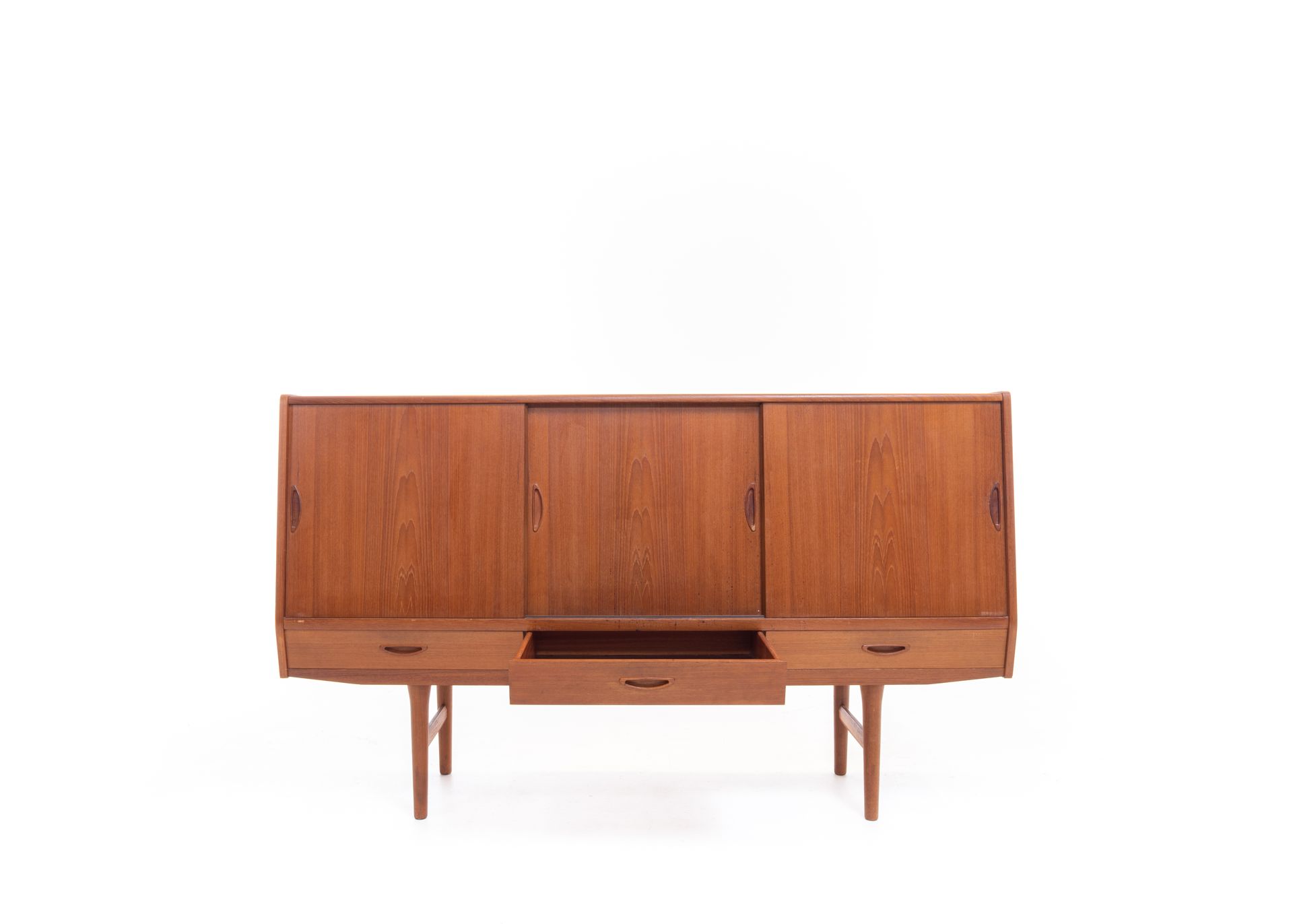 Mid-century modern teak credenza with sliding doors and drawers, set against a white background.
