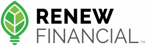 Renew Financial logo with green leaf lightbulb icon and bold black-and-gray text