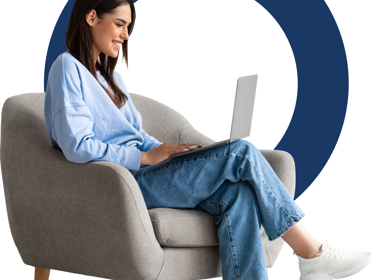 Woman using a laptop while seated in a gray armchair, with a large blue circular background.