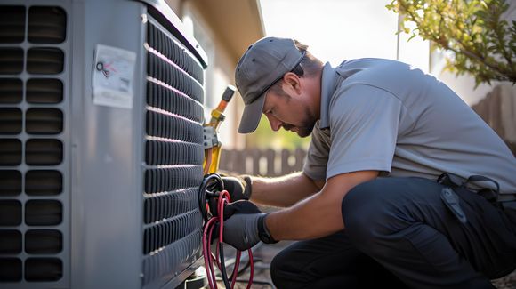 Technician in gray shirt and cap repairs an outdoor HVAC unit, using tools and wires.