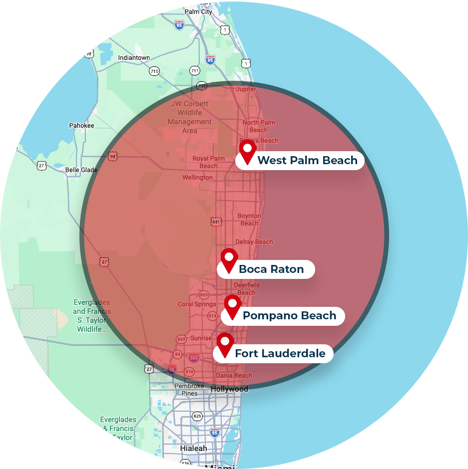 Map with a red shaded circle covering West Palm Beach, Boca Raton, Pompano Beach, and Fort Lauderdale in Florida