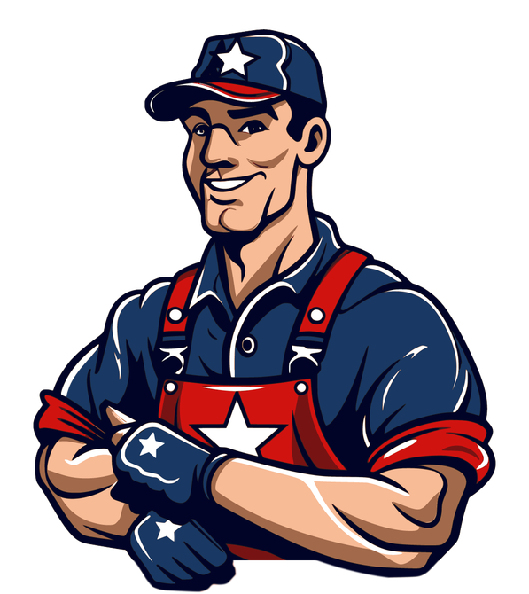 Smiling worker in blue overalls and red apron, arms crossed, with a white star logo on his chest