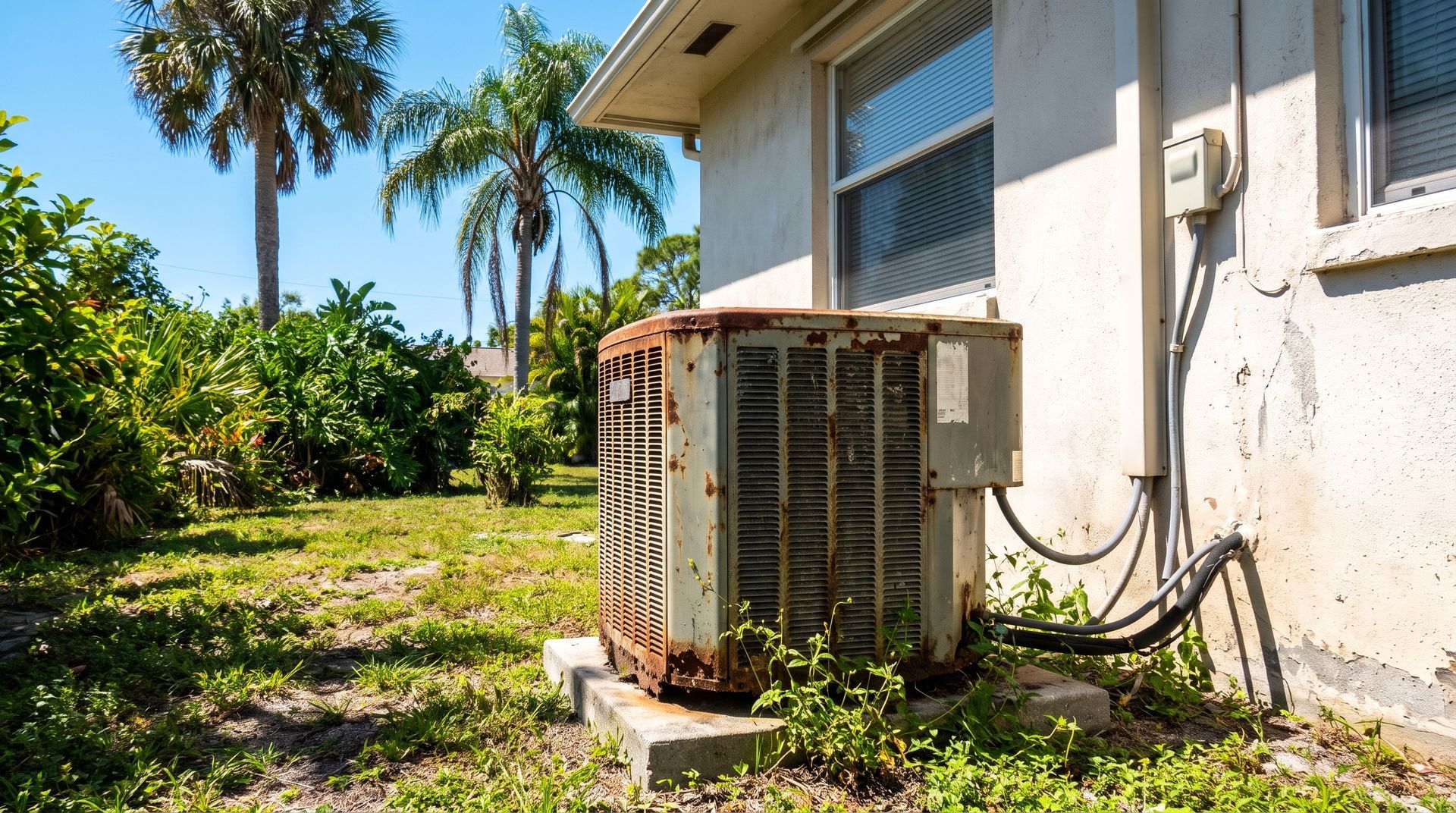 Outdoor air-conditioning unit beside a white house, surrounded by grass and palm trees in bright sun