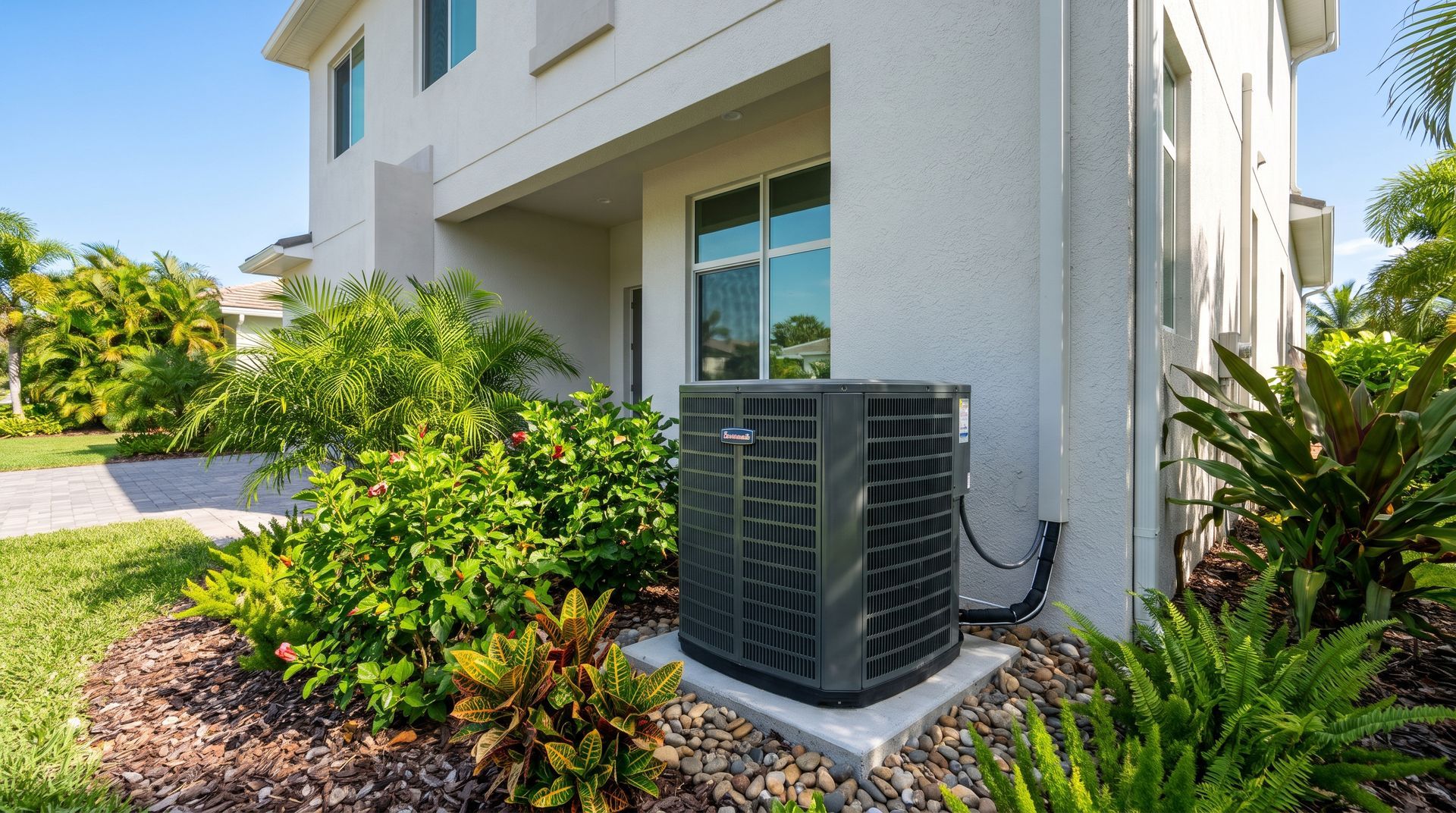 Outdoor air conditioner unit beside a modern home with landscaped shrubs and lawn