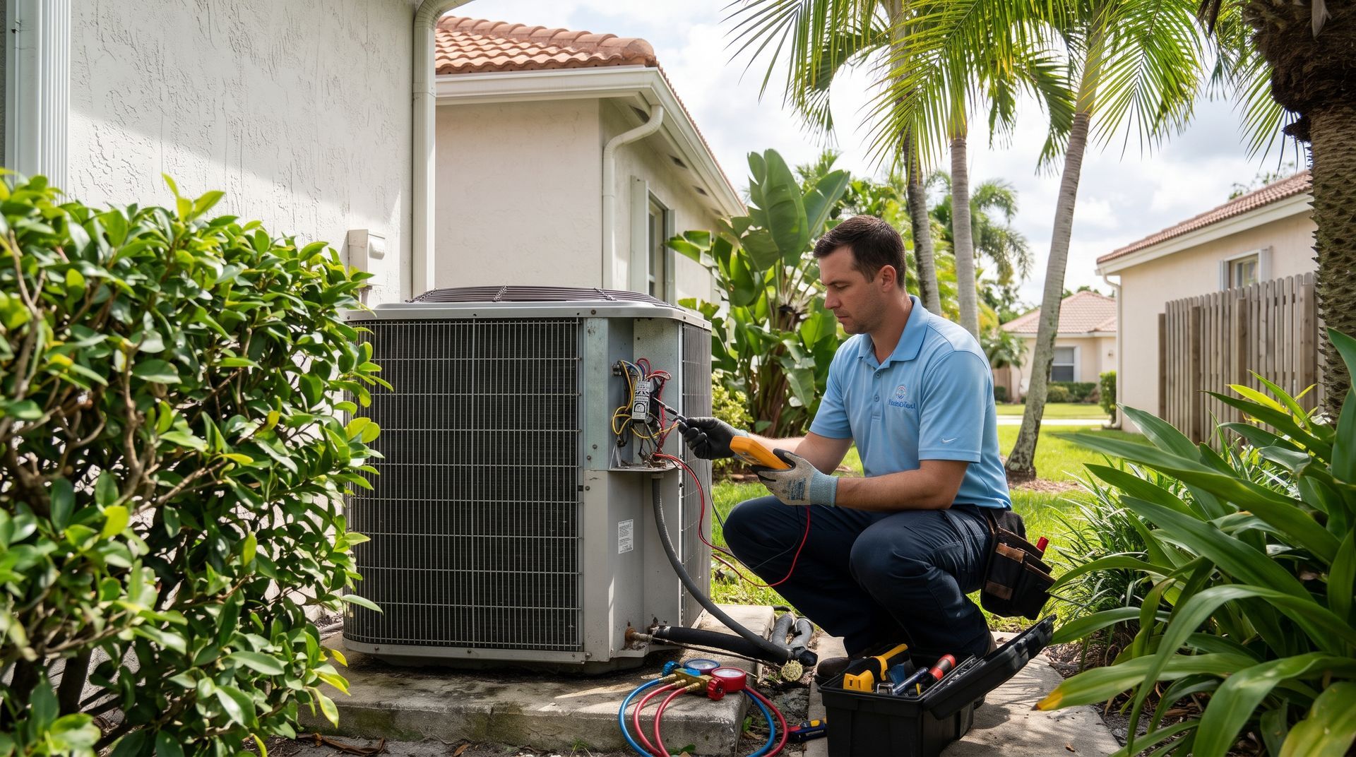 HVAC technician working on outdoor air conditioner beside a house in a landscaped yard