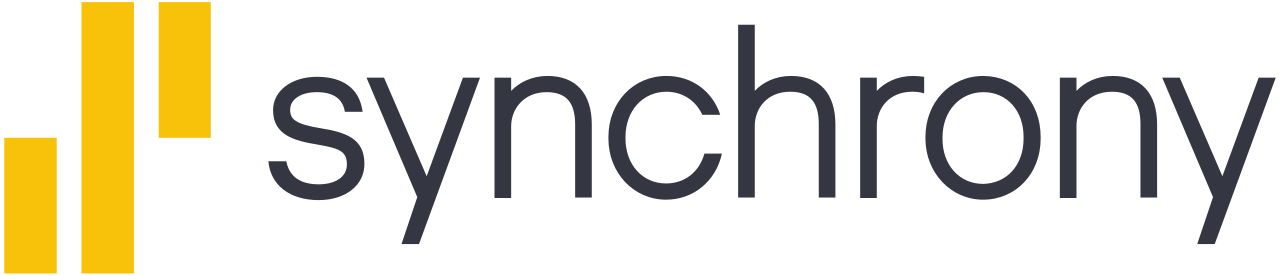 Synchrony logo with gray text and yellow vertical bars on a white background