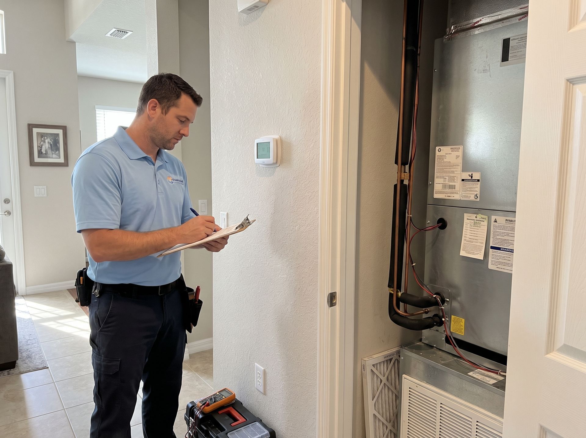 Technician inspecting indoor HVAC equipment beside a wall-mounted thermostat.