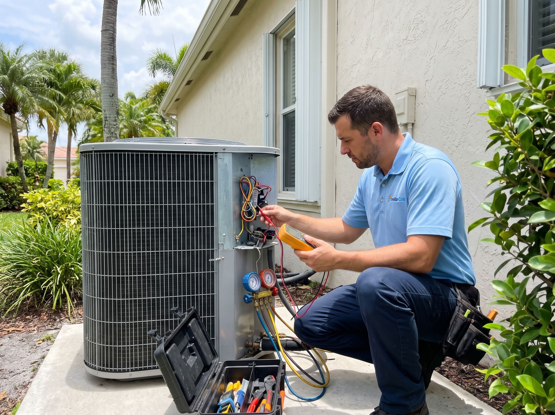 Technician kneeling beside outdoor AC unit, checking wiring with tools and open control panel.