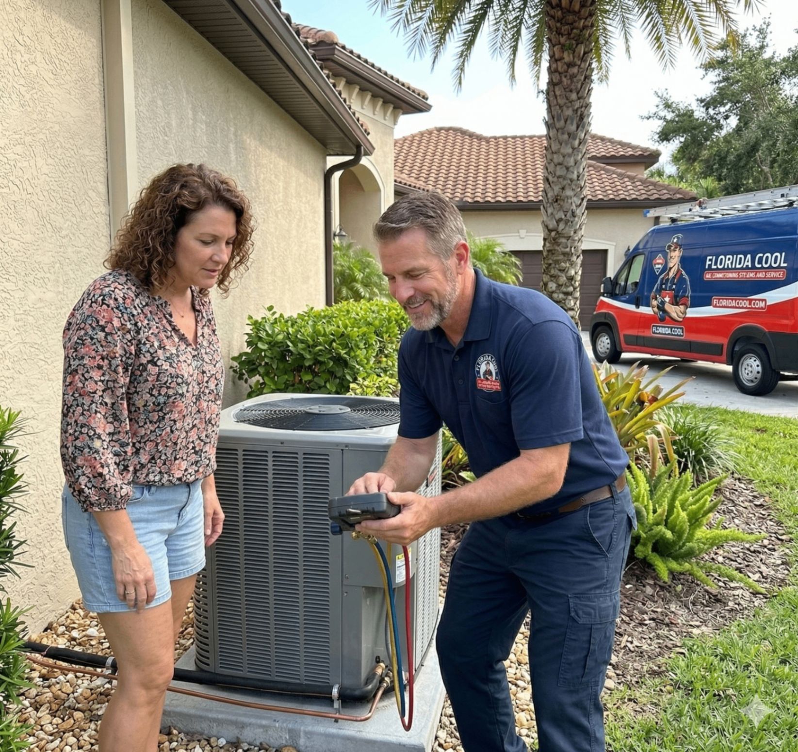 Technician and homeowner inspecting an outdoor air conditioner beside a house.