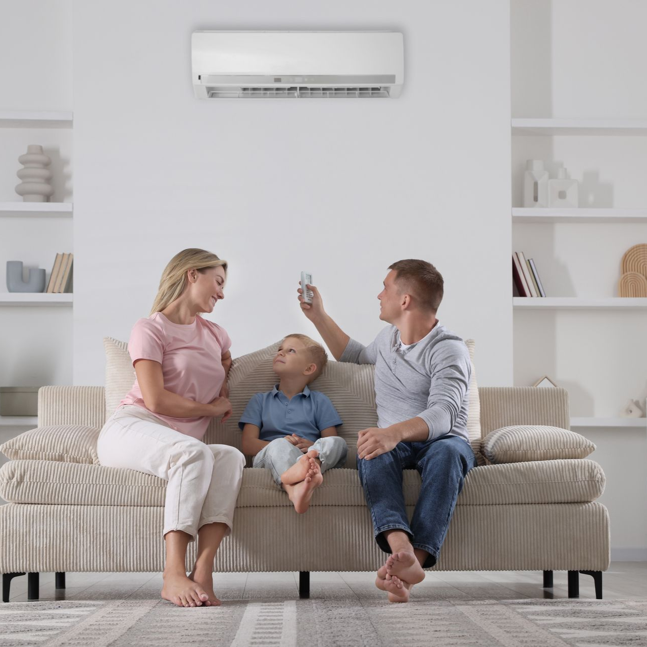 Family relaxing on a beige sofa in a bright living room, man holding up a remote under a wall-mounted air conditioner