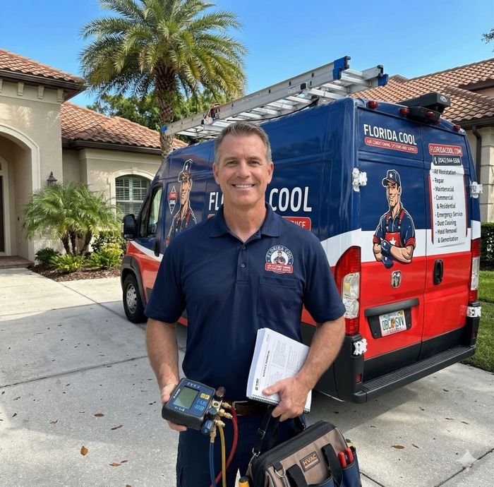 Smiling technician in navy shirt standing by a red service van in a sunny suburban driveway