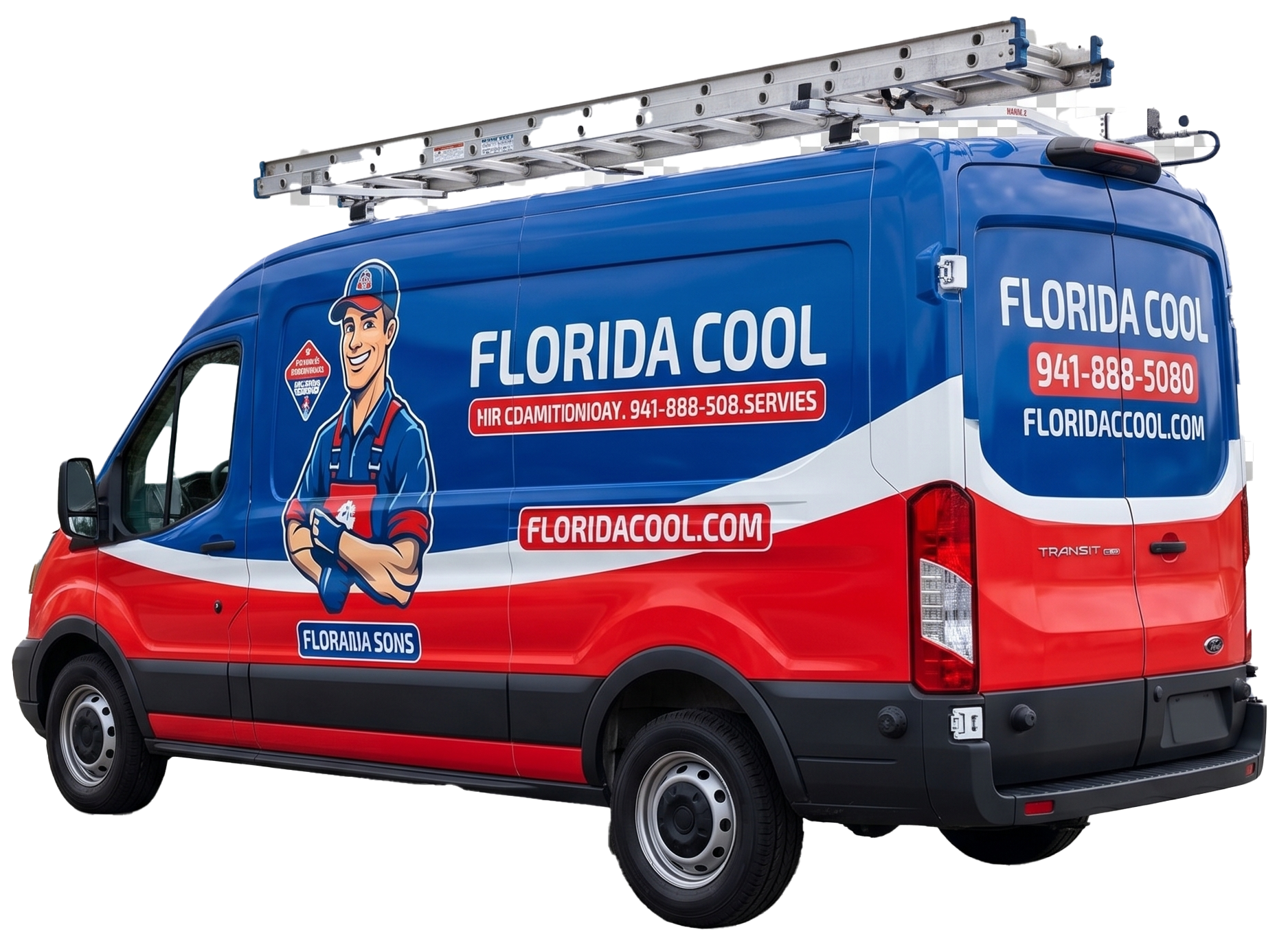Blue-and-red Florida Cool HVAC service van with company logo, contact info, and ladder on top