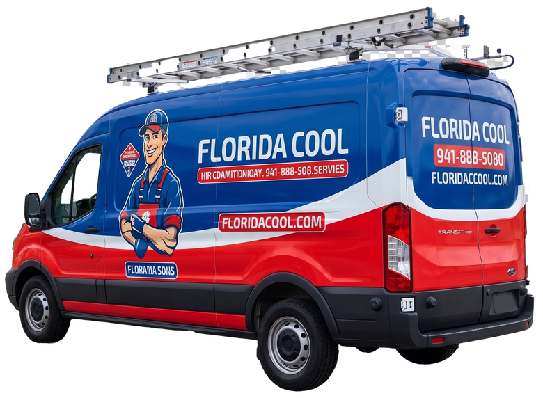 Florida Cool service van, blue and red, with ladder on top and company logo/phone number on the side