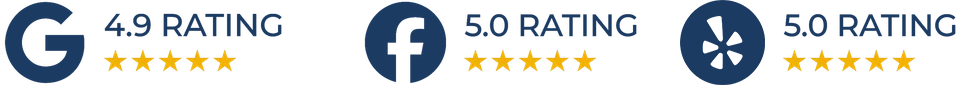 5-star rating badges for Google, Facebook, and another review platform with yellow stars