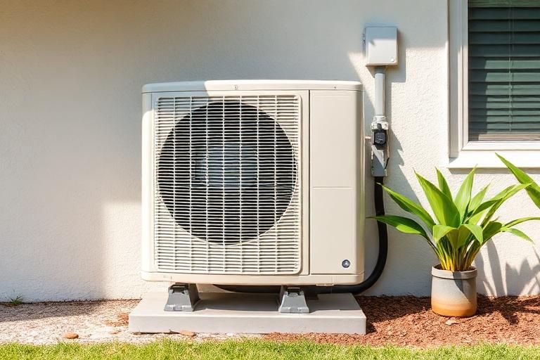 Outdoor air conditioner unit beside a white wall with a potted plant nearby