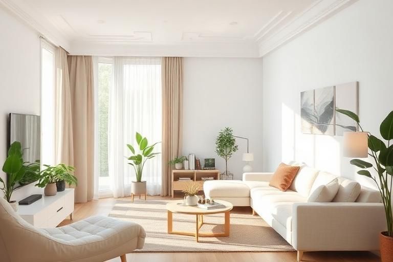 Bright minimalist living room with white sofa, plants, wood accents, and large sunlit windows