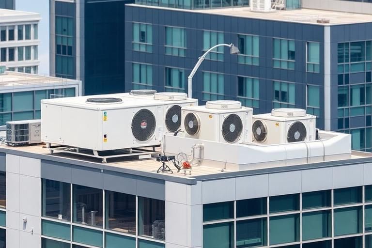 Rooftop HVAC units on a modern office building with glass windows and neighboring high-rises