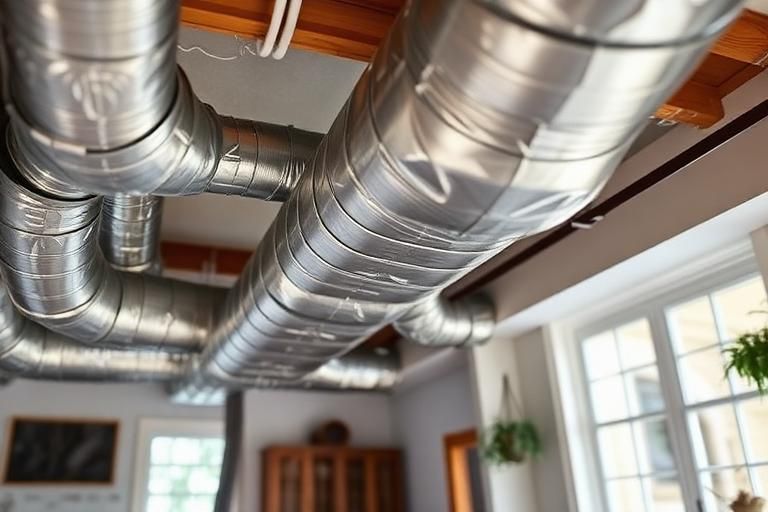 Metal air ducts and wooden ceiling beams in a bright room with windows and a hanging plant