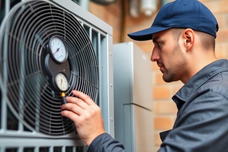 Technician inspecting an outdoor HVAC unit with a gauge in a brick-lined setting