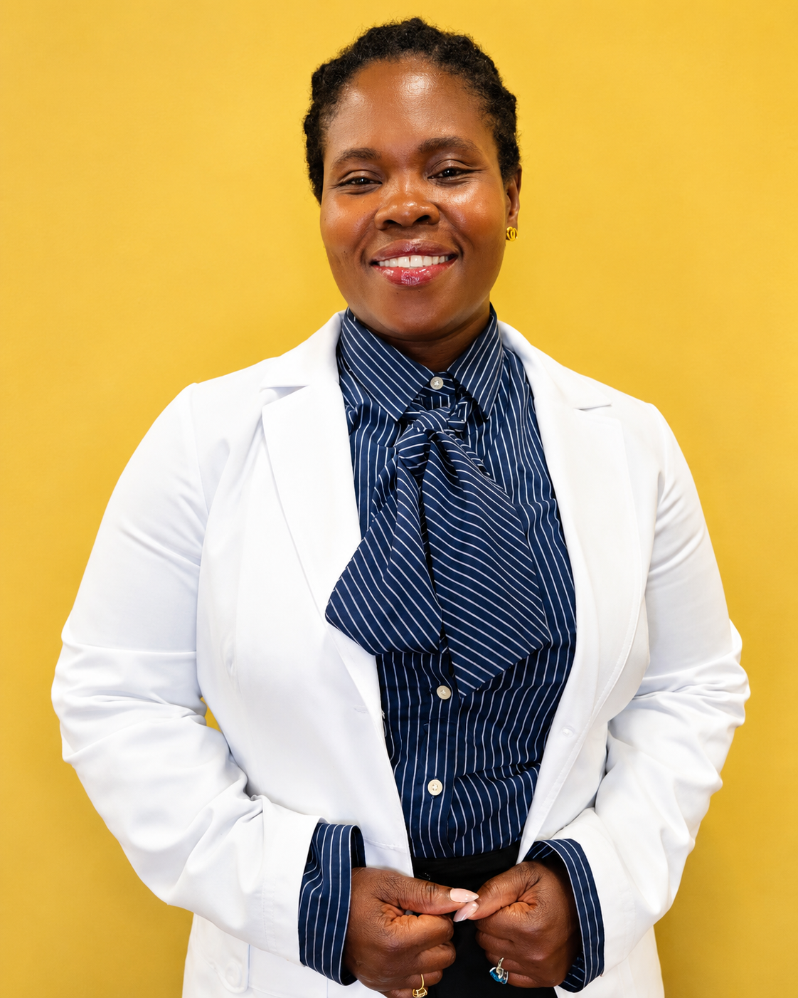 Wendy Akoh Brefo with a blue striped top and a white lab coat is smiling for the camera