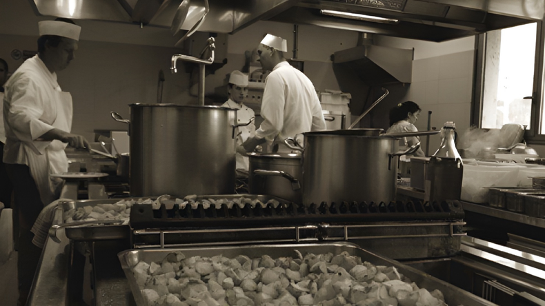 Chef che lavorano in una cucina professionale con grandi pentole e vassoi per la preparazione degli alimenti