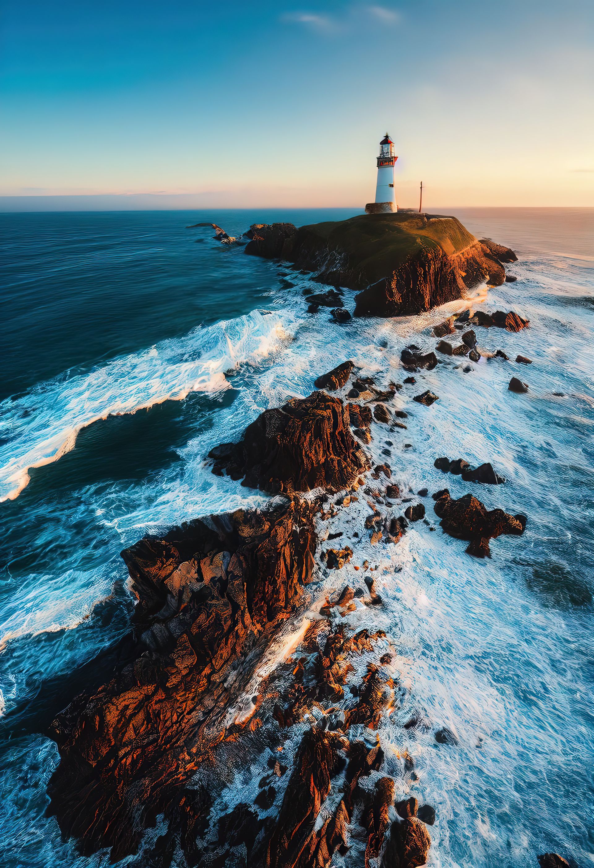 Lighthouse on rocky outcrop with waves crashing. Blue ocean and sky with golden sunlight.