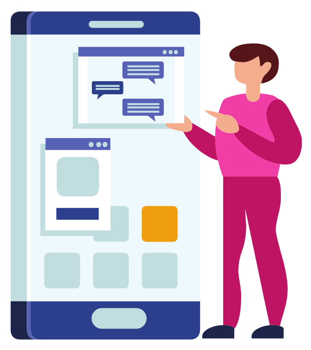 graphic of a woman using features on a large smartphone