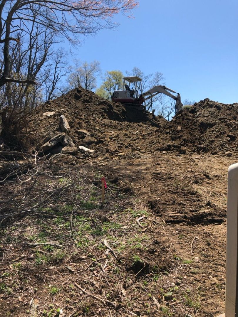 Excavator atop a dirt mound in a wooded area under a clear blue sky