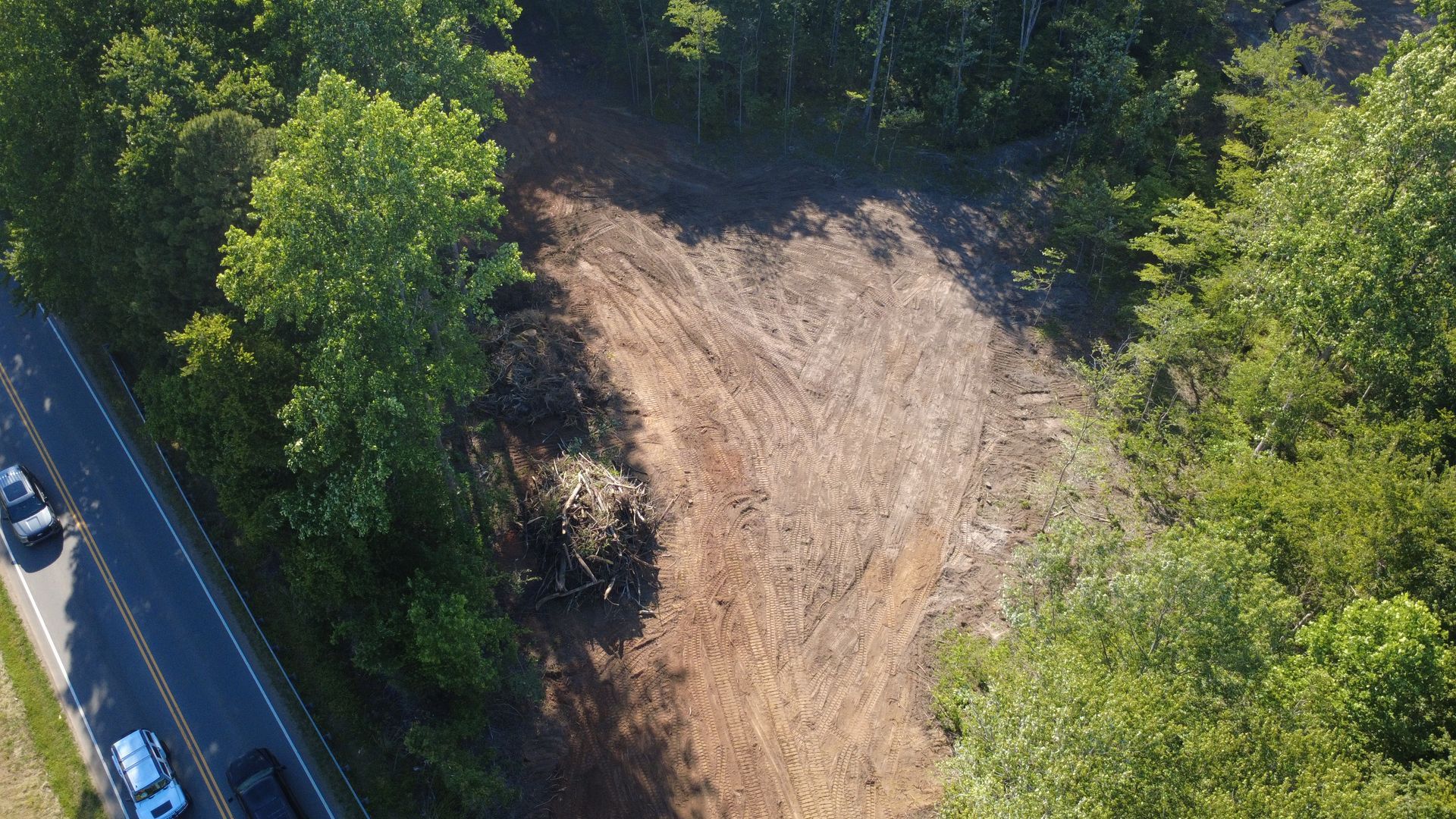 Orange excavator clearing ground near dense green trees