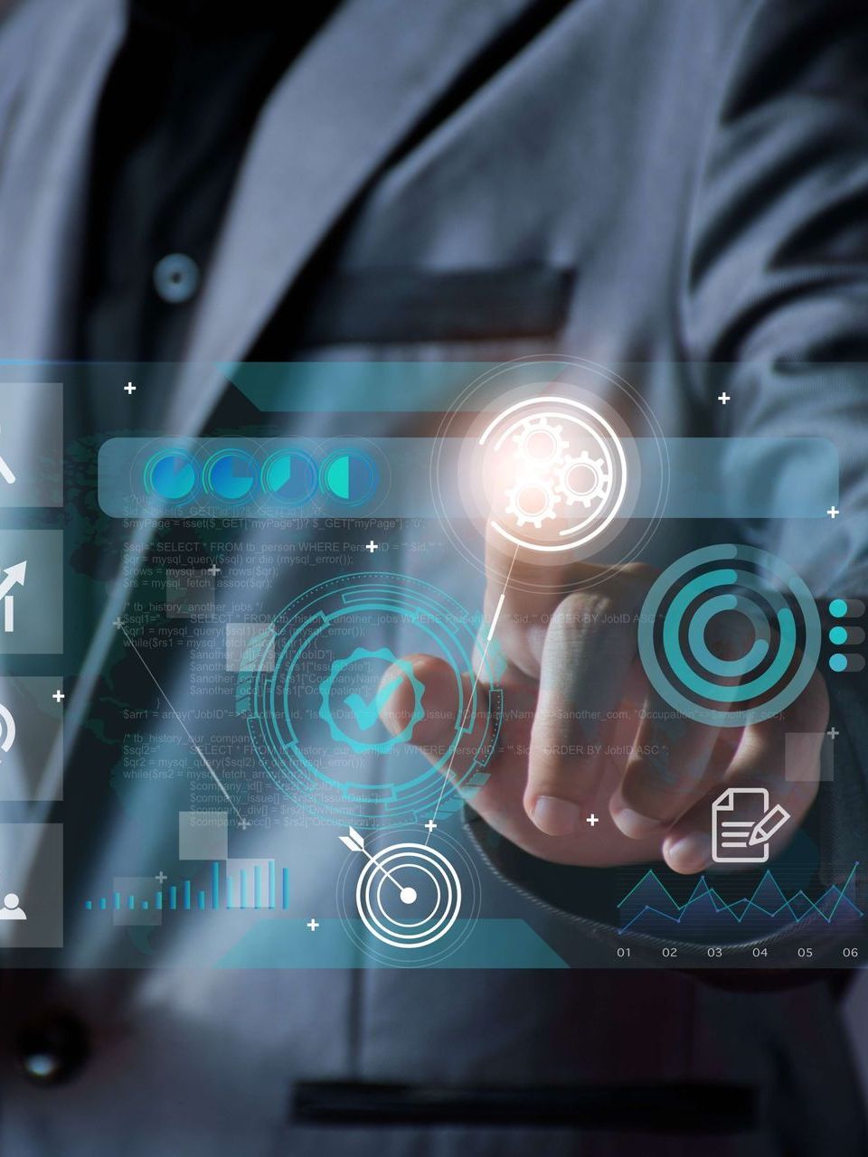 A man in a suit is pressing a button on a futuristic screen.